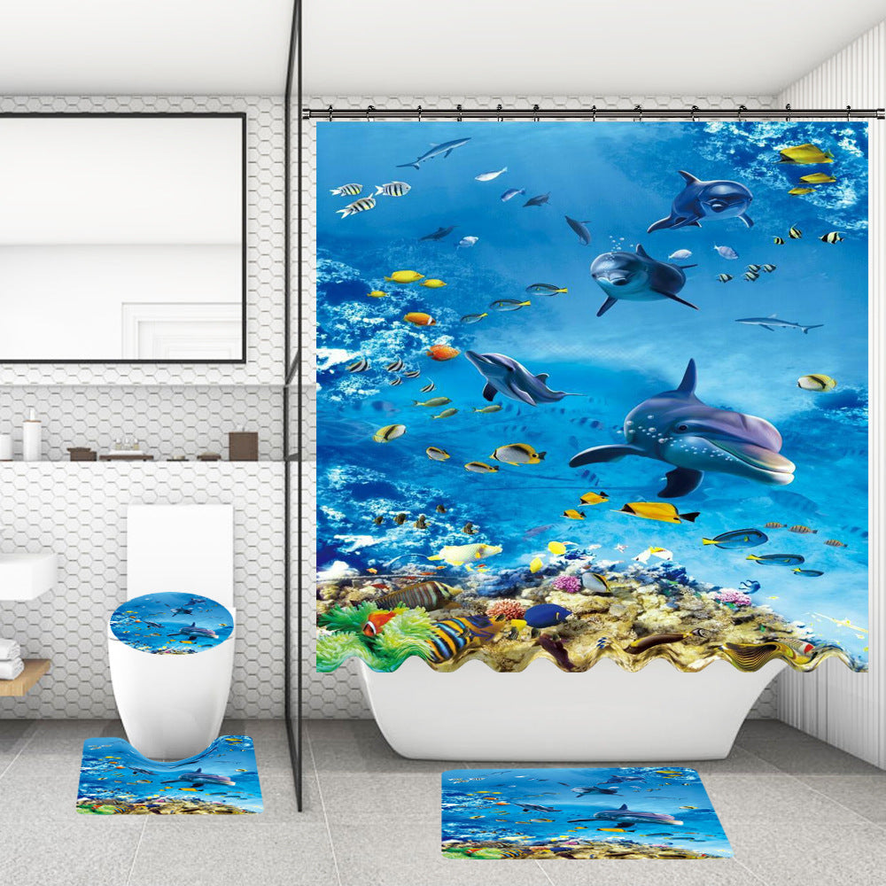 Bathroom Shower Curtain and Floor Mat Set Ocean World Printing - 4 Piece