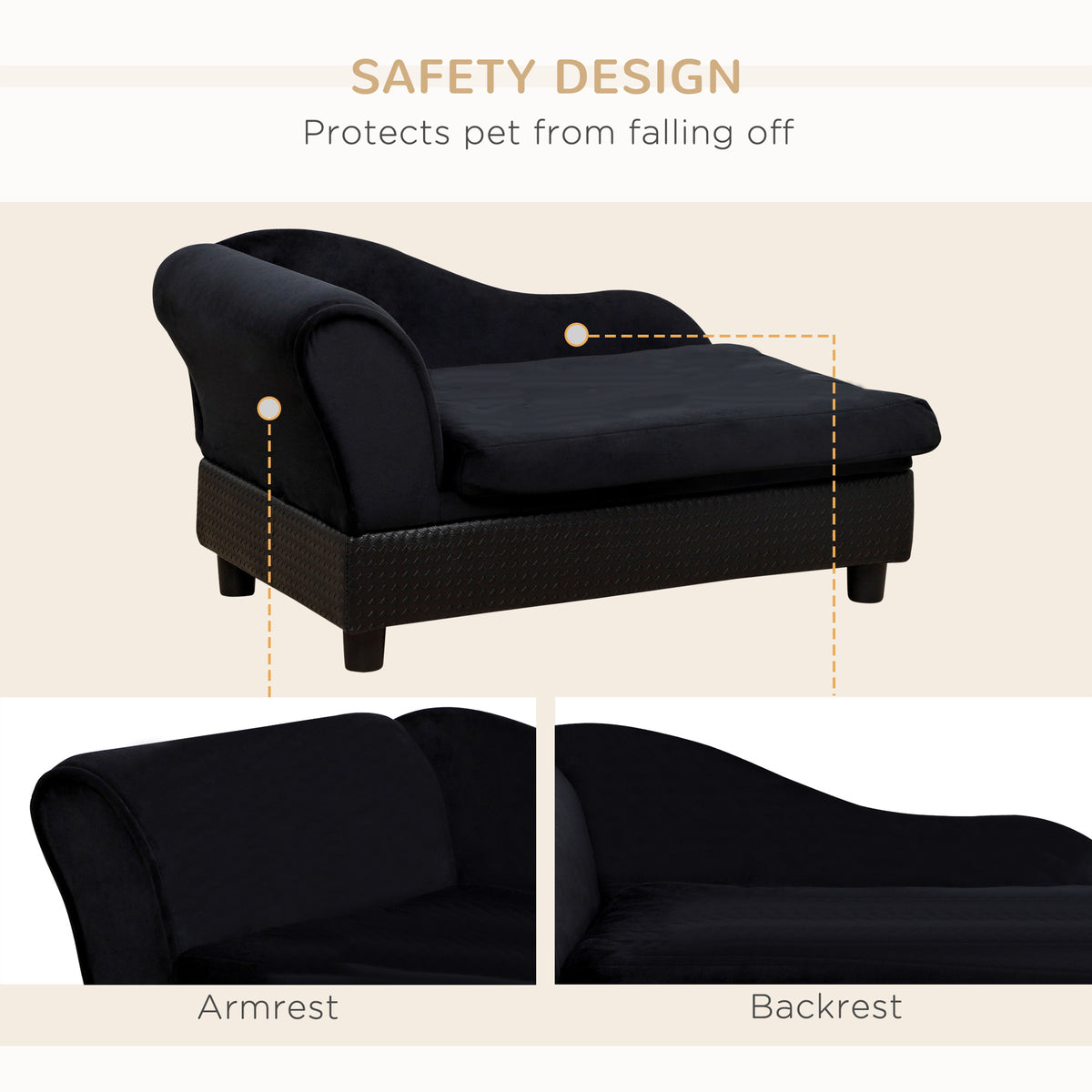 Pet Sofa Bed Couch with Storage - Small Dog & Cat Bed, Black, 740x485mm