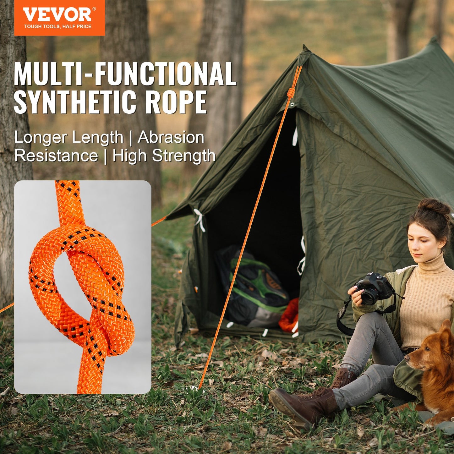 Orange Double Braided Polyester Rope 1/2 Inch x 120 Ft Strong Climbing & Rigging Rope