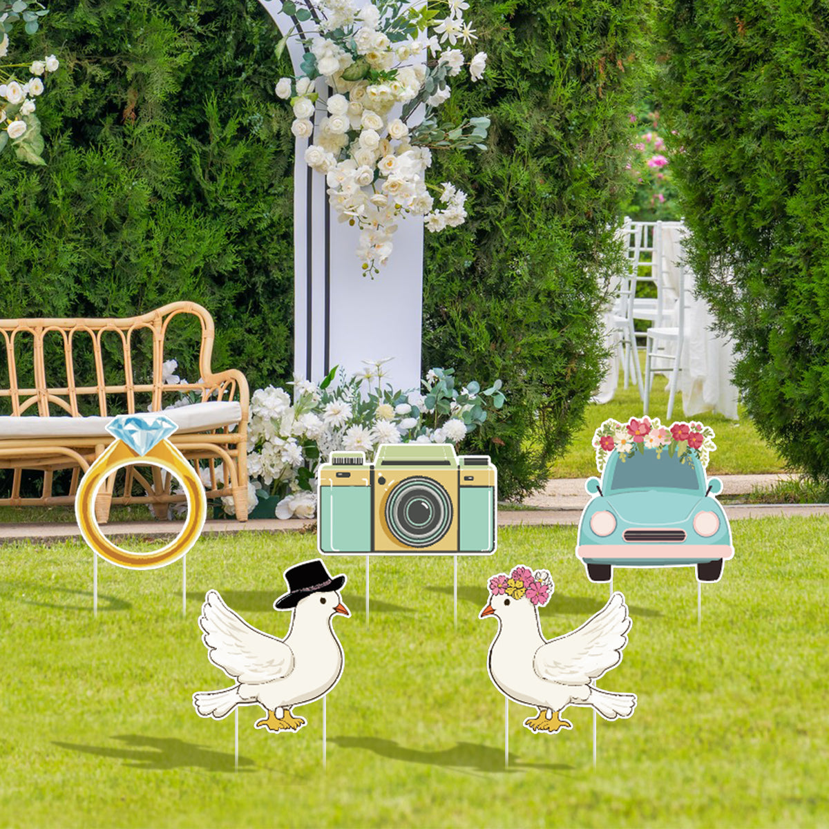 5-Piece Wedding Theme Yard Sign Set with Stakes - White