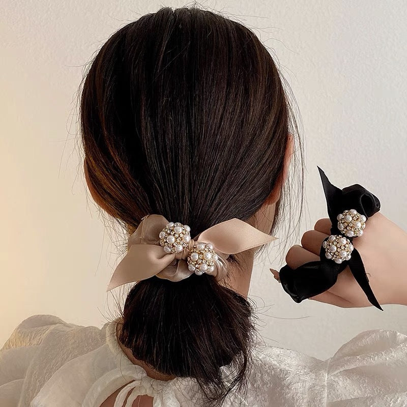 Beaded Pearl Bowknot Hair Rope - Korean Style