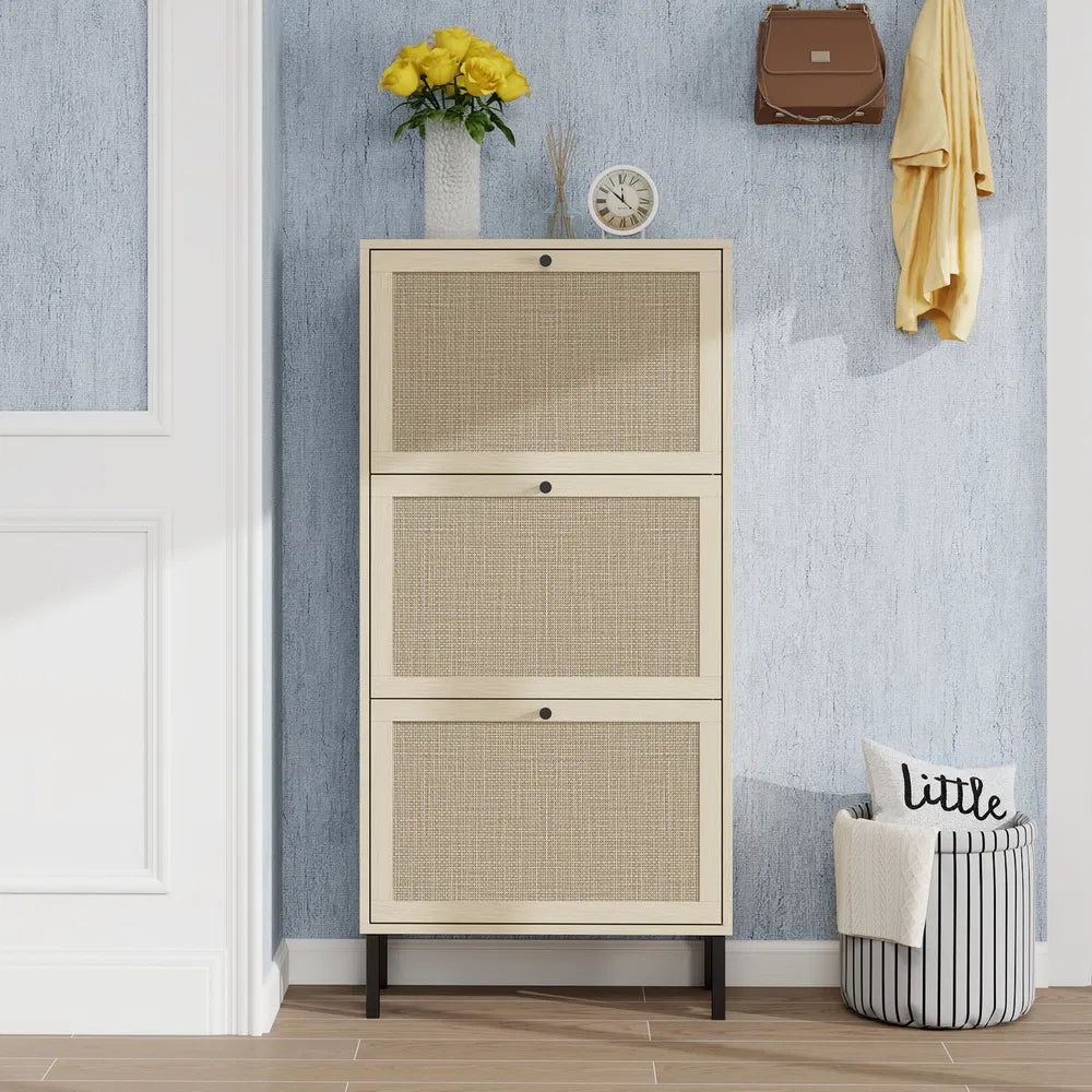 Rattan 3 Door Shoe Rack, Freestanding Modern Storage Cabinet, For