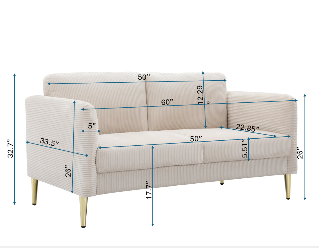 60.63 Wide Modern Corduroy Loveseat, Plush Upholstered Cushions,