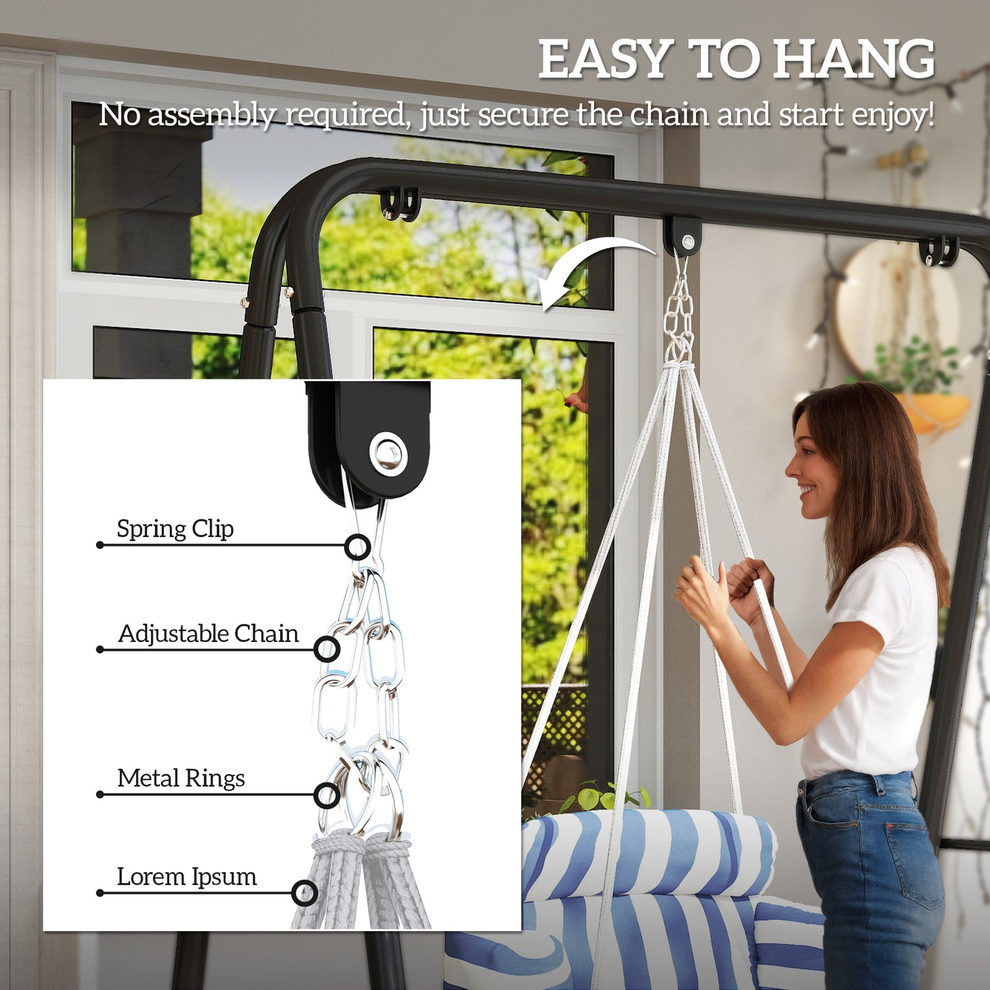 Macrame Hanging Hammock Chair with Large Cushion - Blue & White