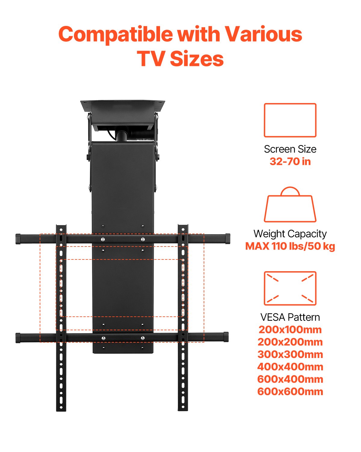 Motorized Ceiling TV Mount for 32-70 Inch TVs - Adjustable Height