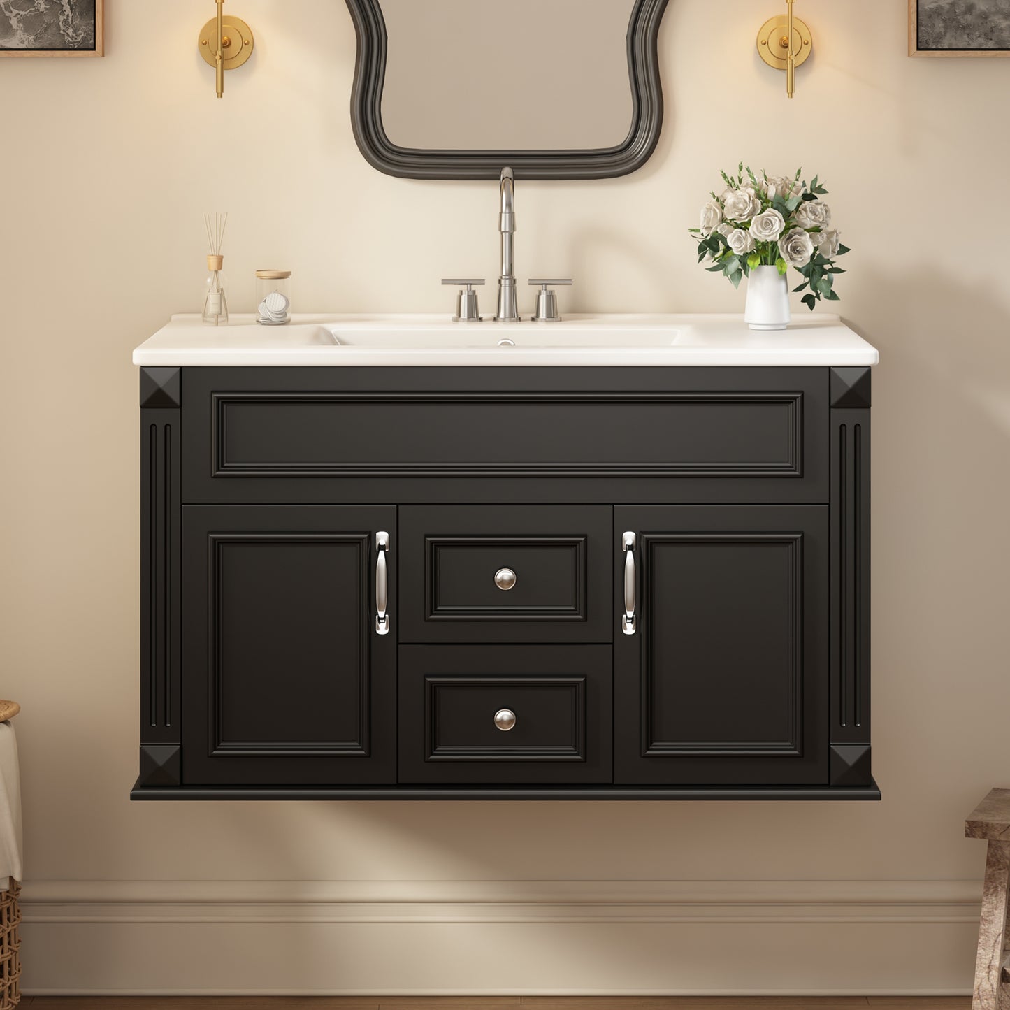 36-Inch Wall-Mounted Bathroom Vanity with Ceramic Sink - Black