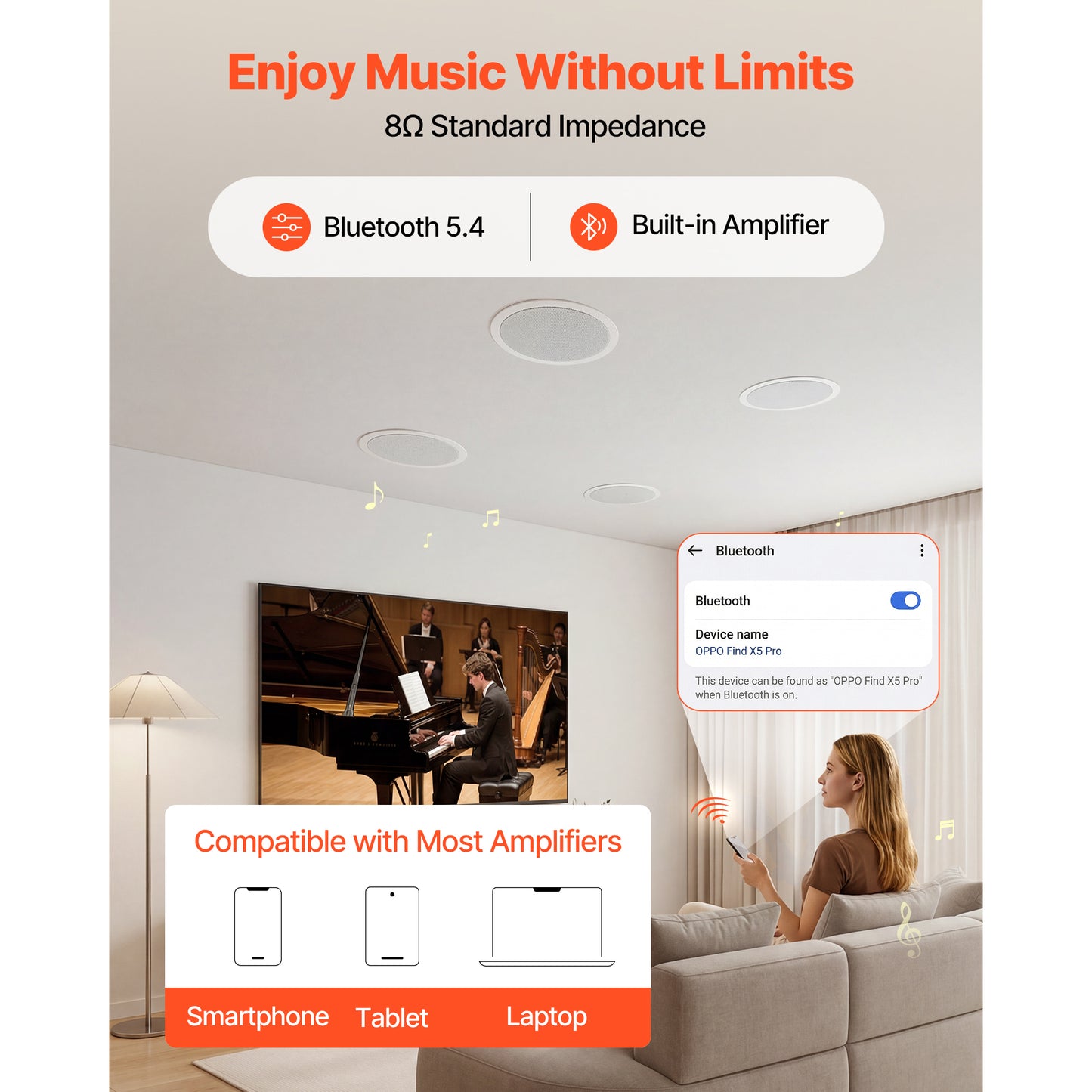 6.5-Inch In-Ceiling & In-Wall Bluetooth Speakers with Amplifier for Home & Outdoor Use