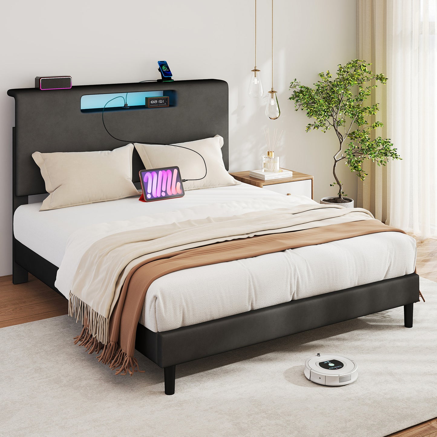 Full Size Upholstered Bed Frame With High Headboard Adjustable LED