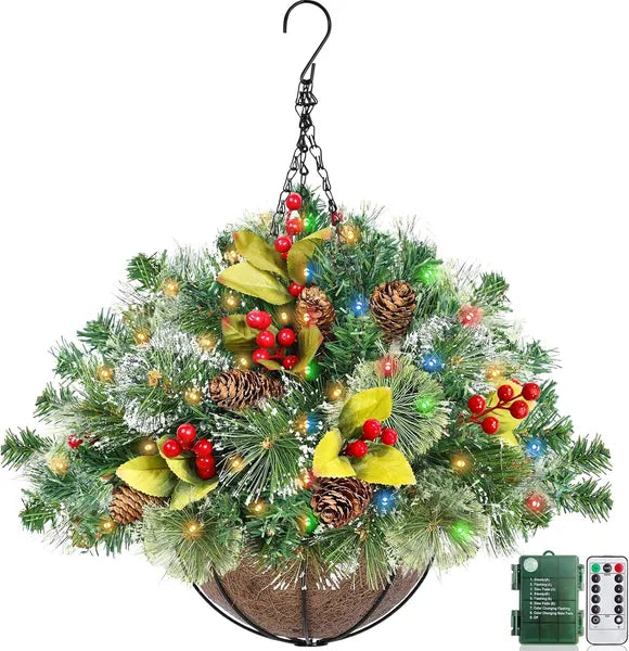 20-Inch Christmas Hanging Basket with LED Lights & Remote Control