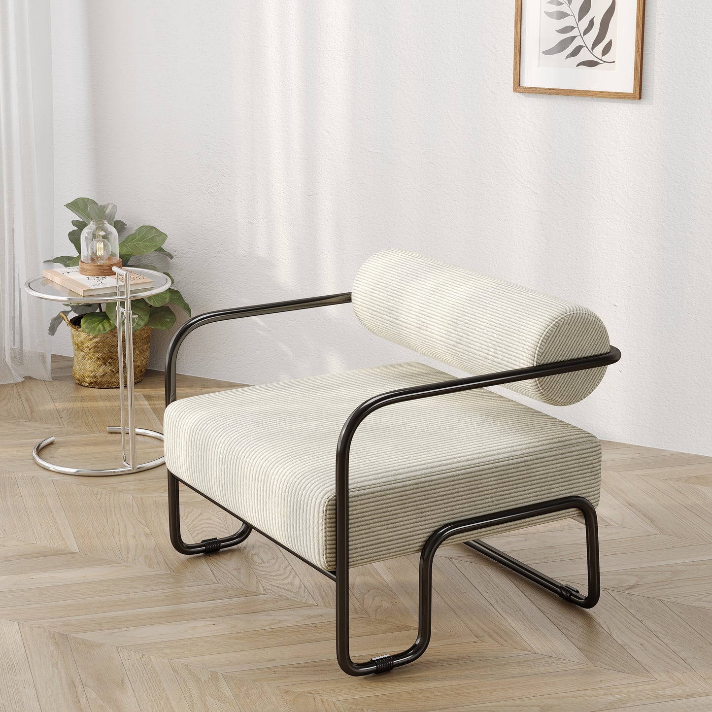 Beige Corduroy Lazy Sofa Chair with Iron Frame - Comfortable Seating