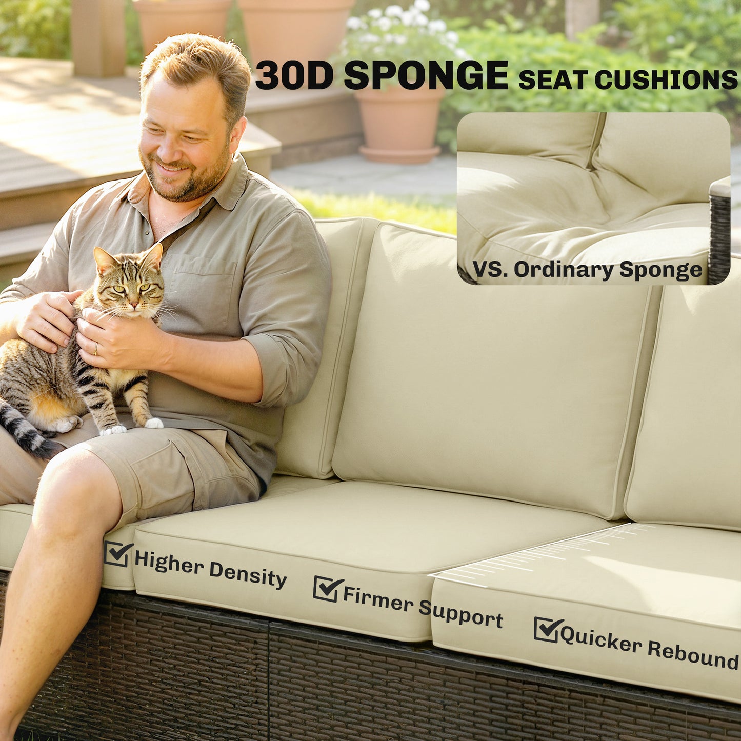 3-Seater Outdoor Wicker Couch with Cushions - Beige