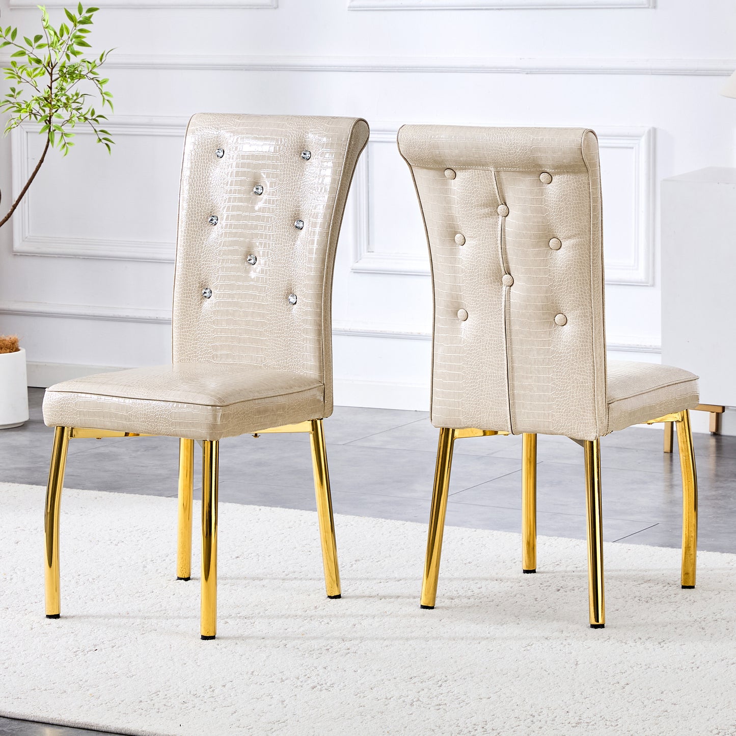 Set of 2 Beige and Gold Vintage Crocodile Leather Dining Chairs