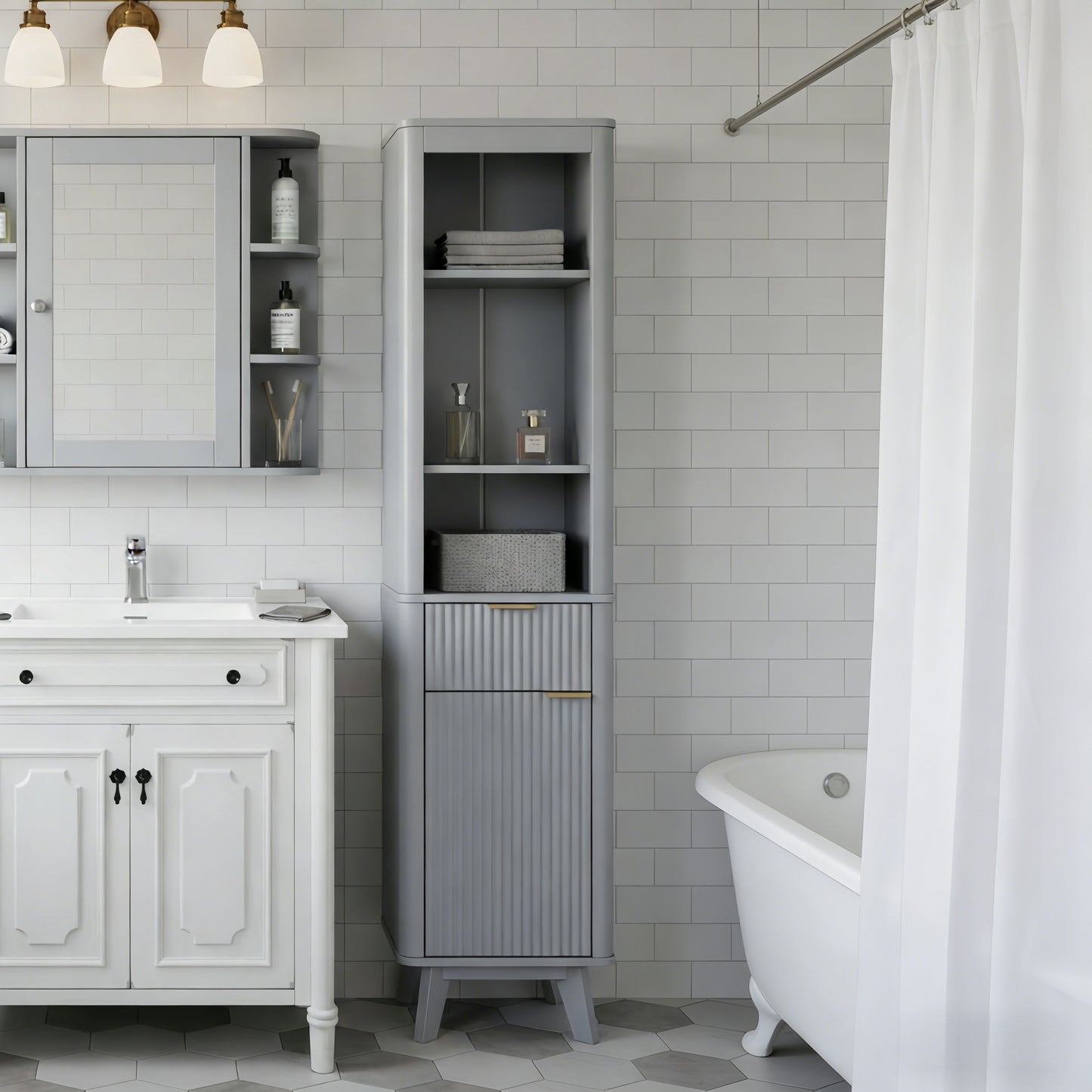 68" Tall Bathroom Storage Cabinet with Adjustable Shelves - Gray