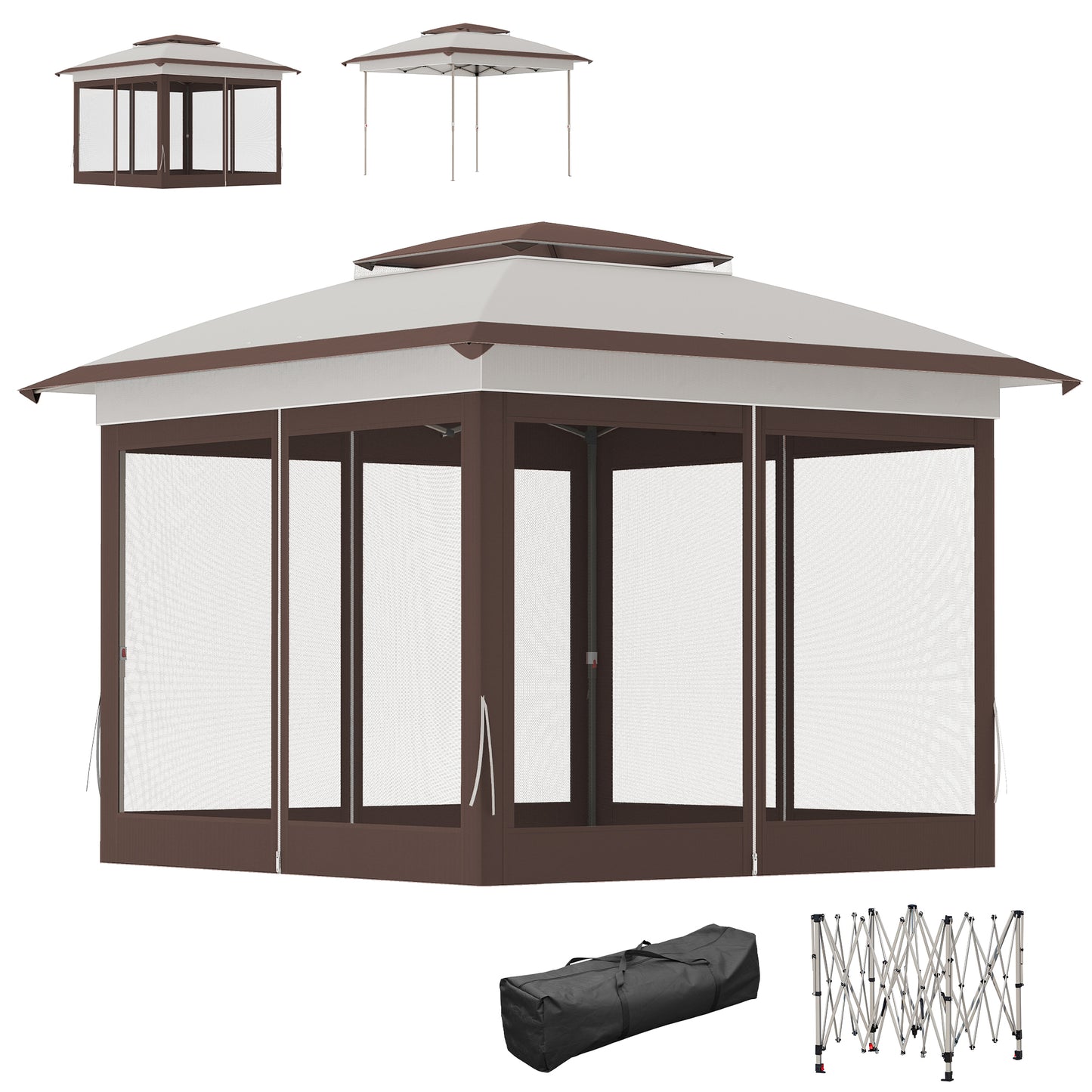 12x12 Pop-Up Canopy Tent with Mesh Sidewalls & Carry Bag - Beige/Brown