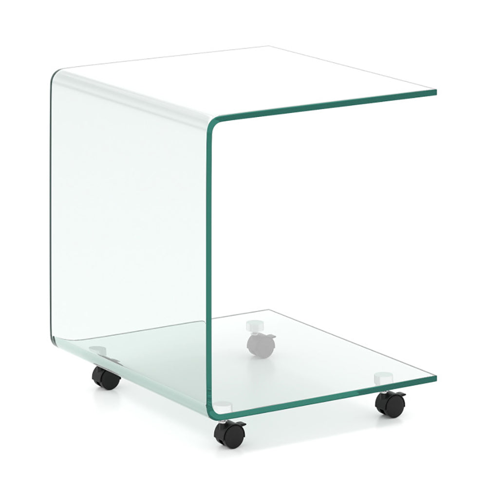 C Shaped End Table Modern Tempered Glass Side With Shelf 4 Swivel