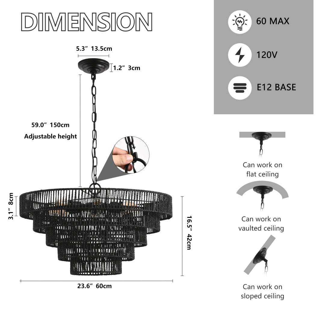 Rustic 5-Tier Black Hemp Rope Pendant Light Chandelier - 8 E12 Sockets