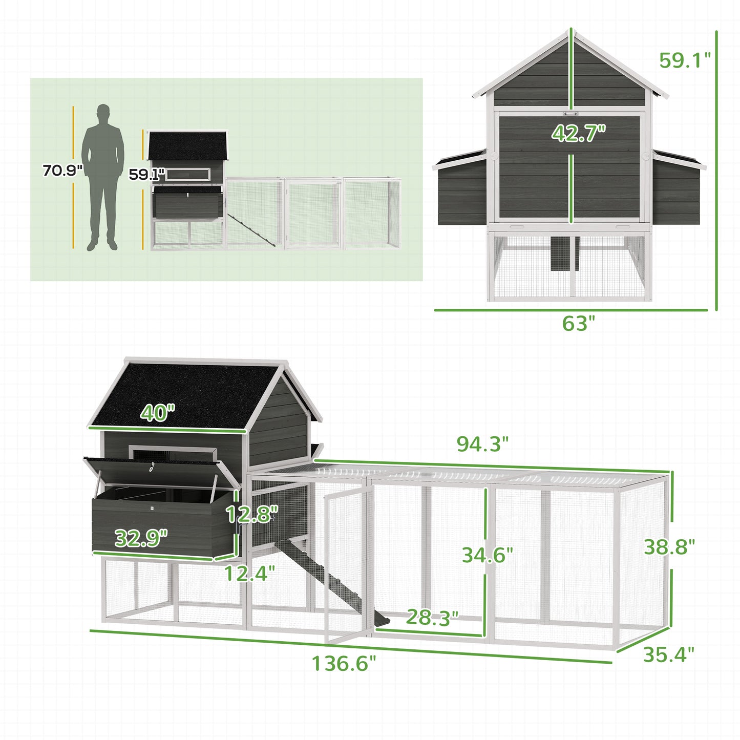 137-Inch Wooden Chicken Coop for 4-6 Chickens - Dark Gray Backyard Poultry House
