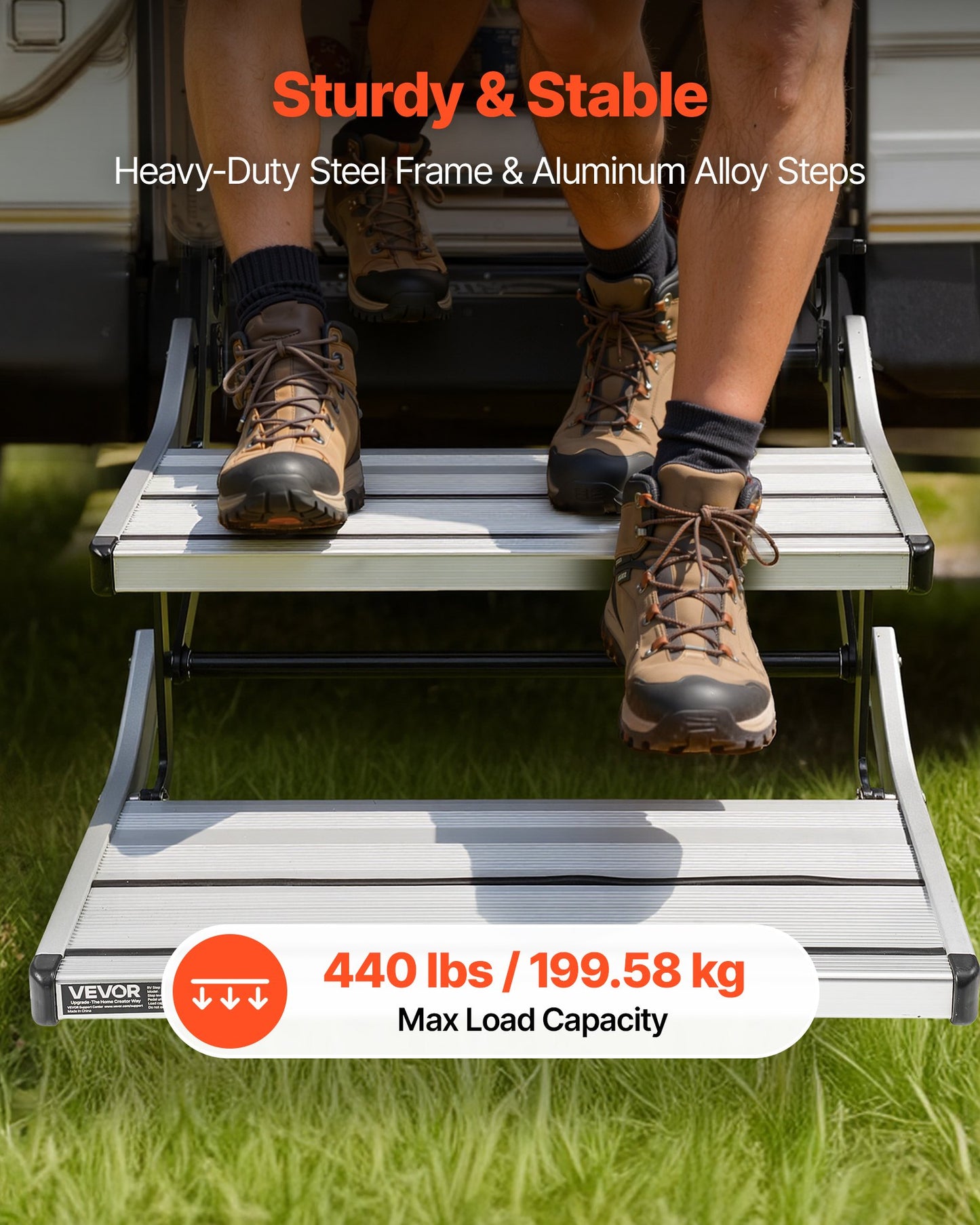 Electric RV Steps - 2-Step Aluminum Folding Camper Stair with Non-Slip Treads