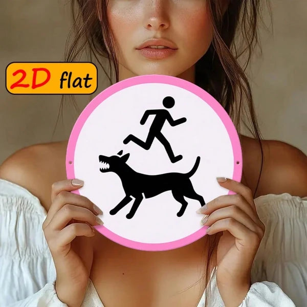 Round Aluminum Sign - Snarling Dog & Running Figure Plaque