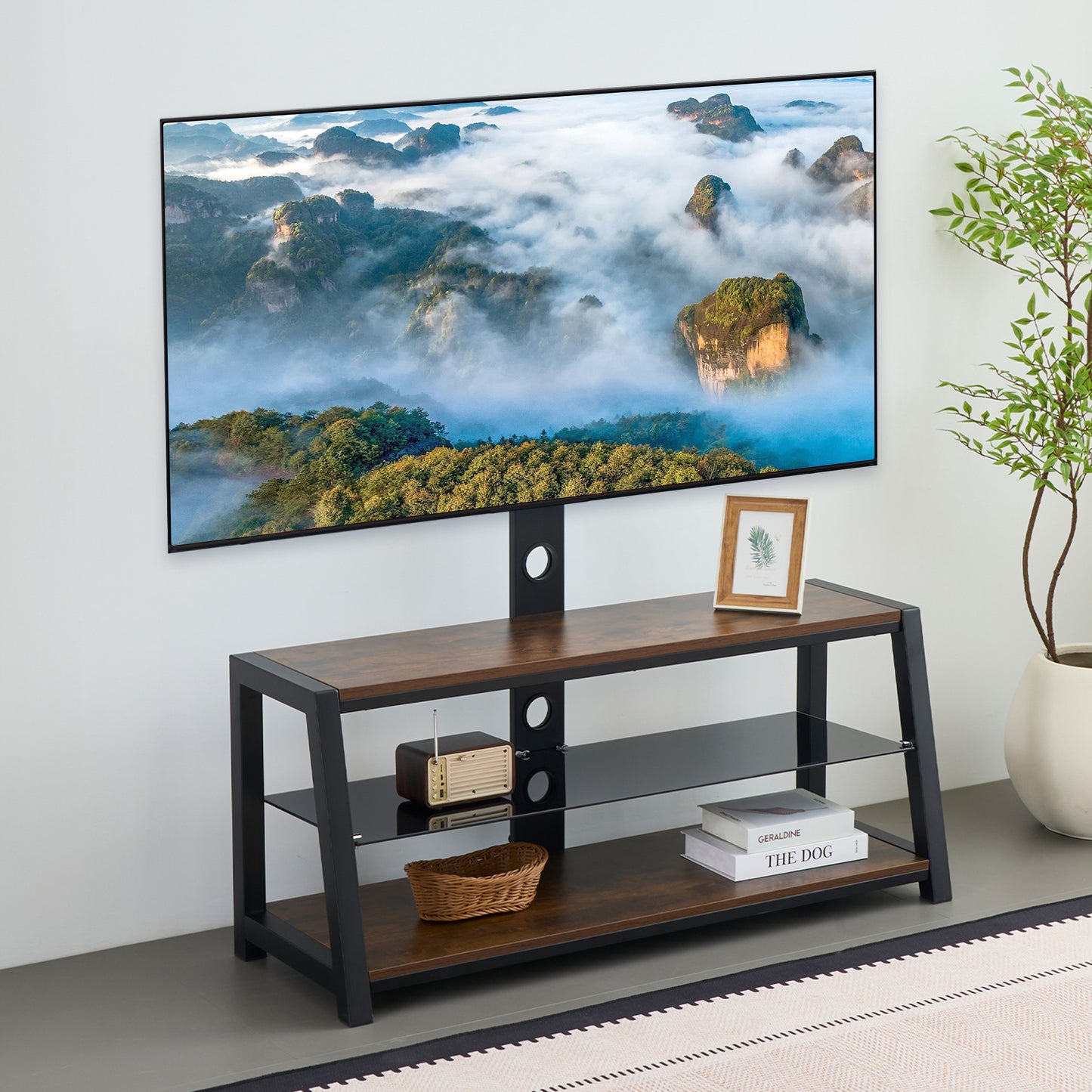 Height Adjustable Wooden TV Stand with Black Tempered Glass - Acacia Wood