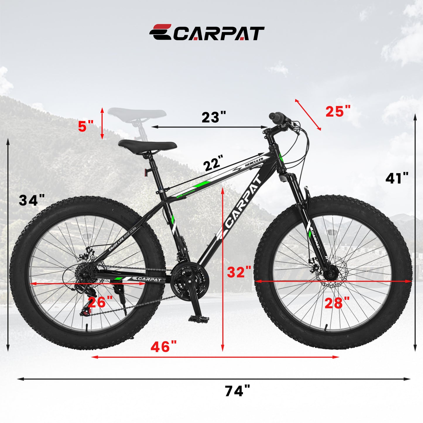 26 Inch Fat Tire Mountain Bike - Full Shimano 21 Speed, Dual Disc Brakes