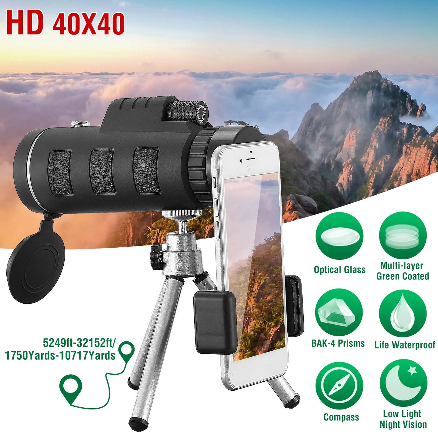 40x40 HD Monocular Telescope with Tripod & Phone Holder - Black