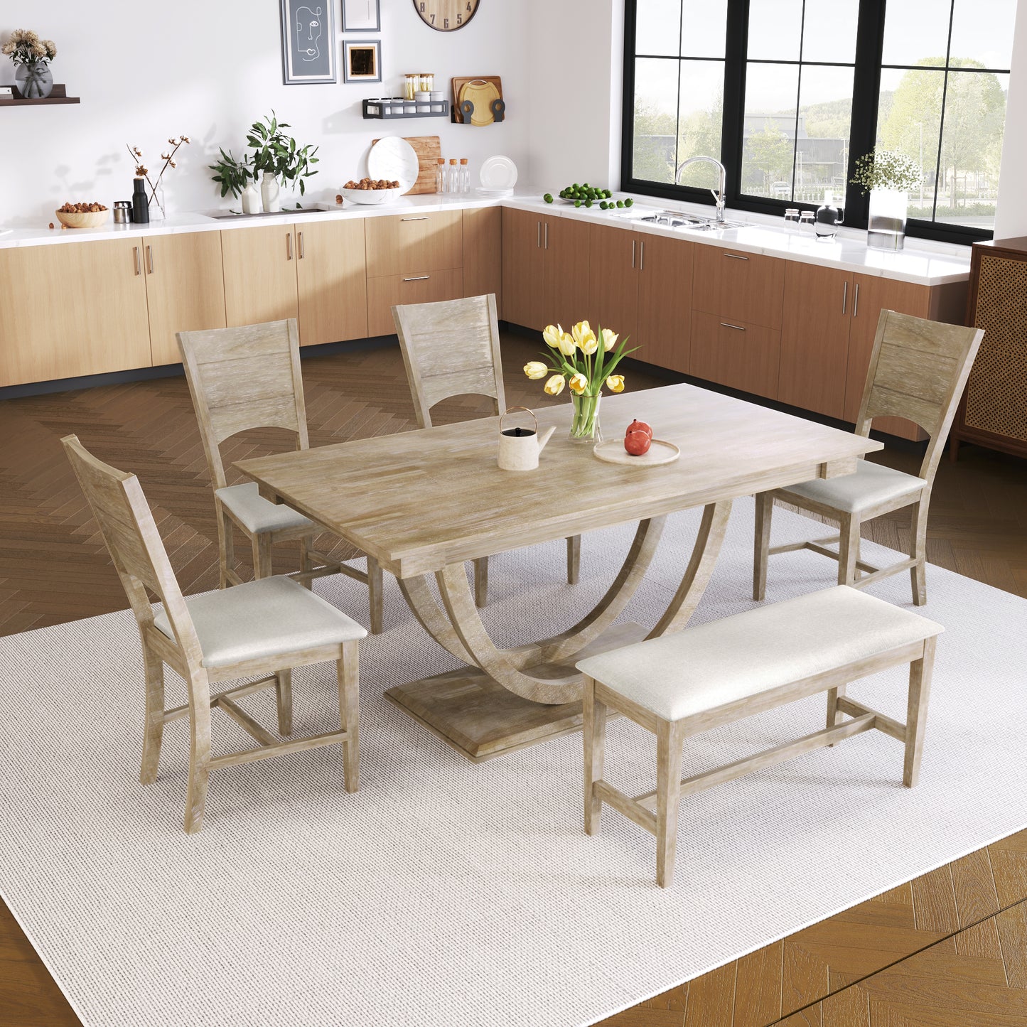 6-Piece Modern Wood Dining Table Set with Bench & Chairs - Seadrift