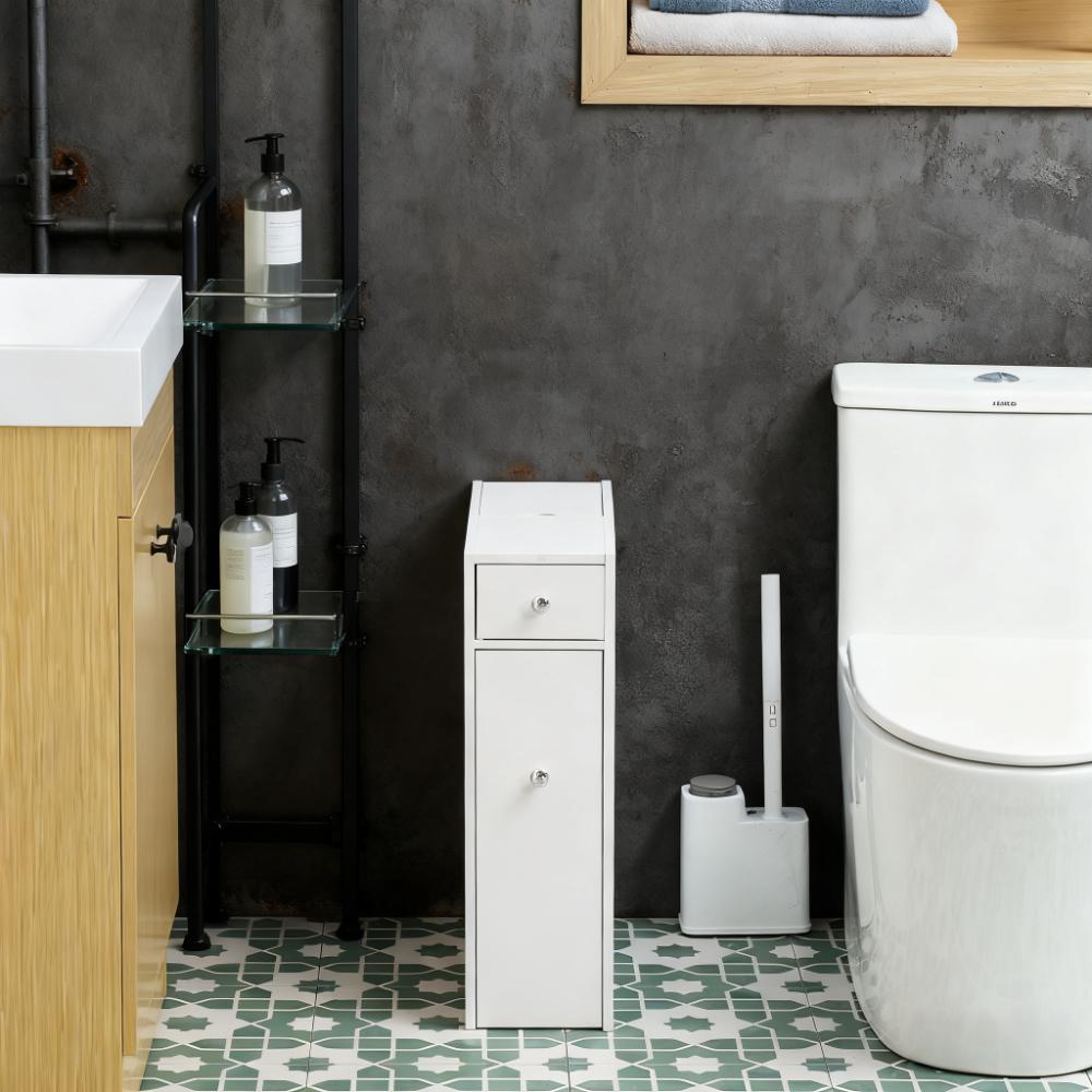 Narrow Bathroom Storage Cabinet with Drawers - White