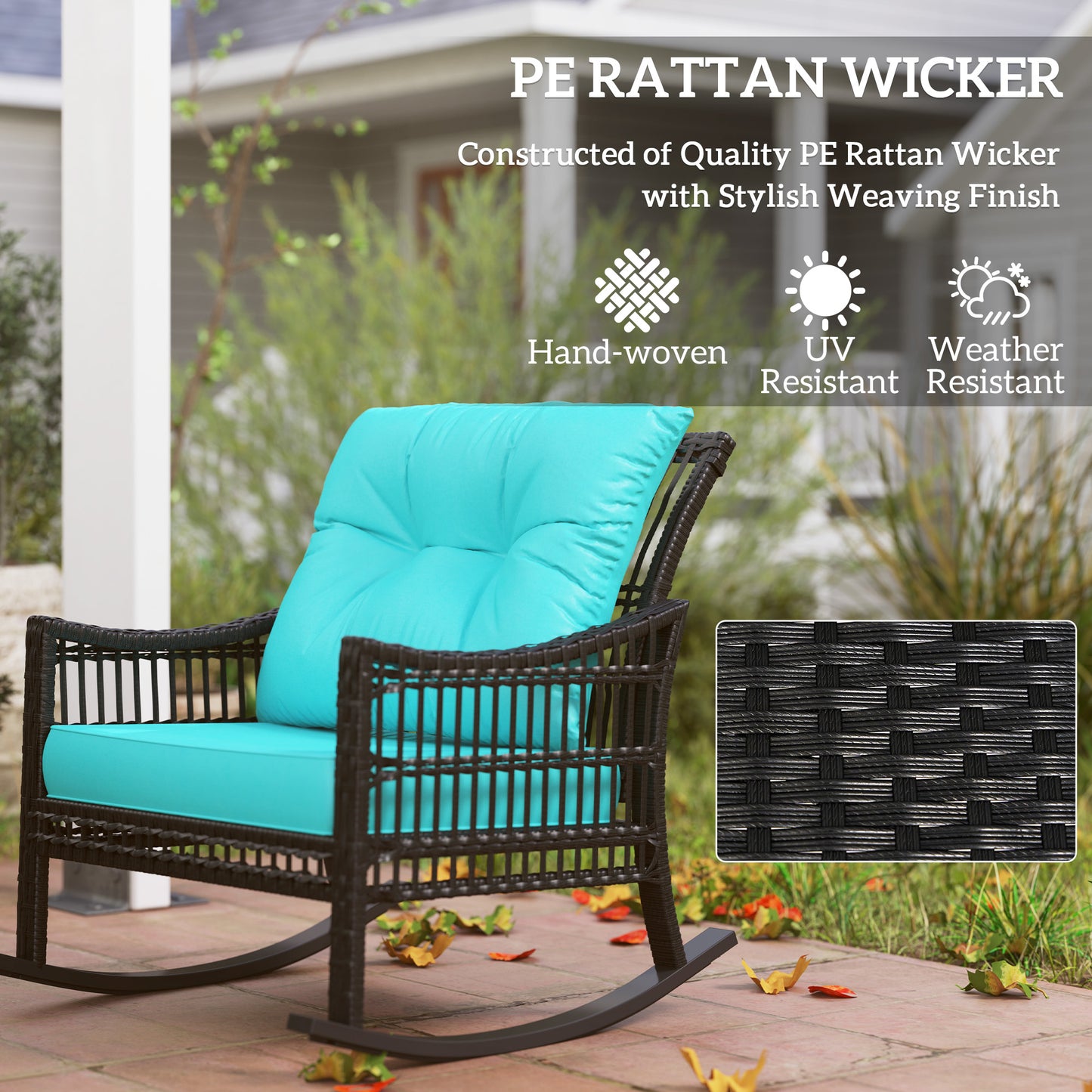 3-Piece Outdoor Rattan Rocking Chair Set with Glass Table - Turquoise