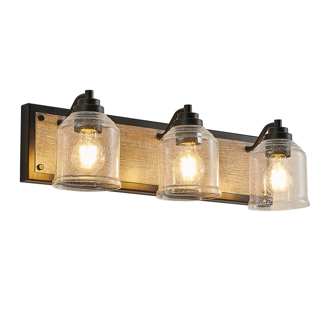 3-Light Farmhouse Vanity Light Fixture - Black & Wood Grain