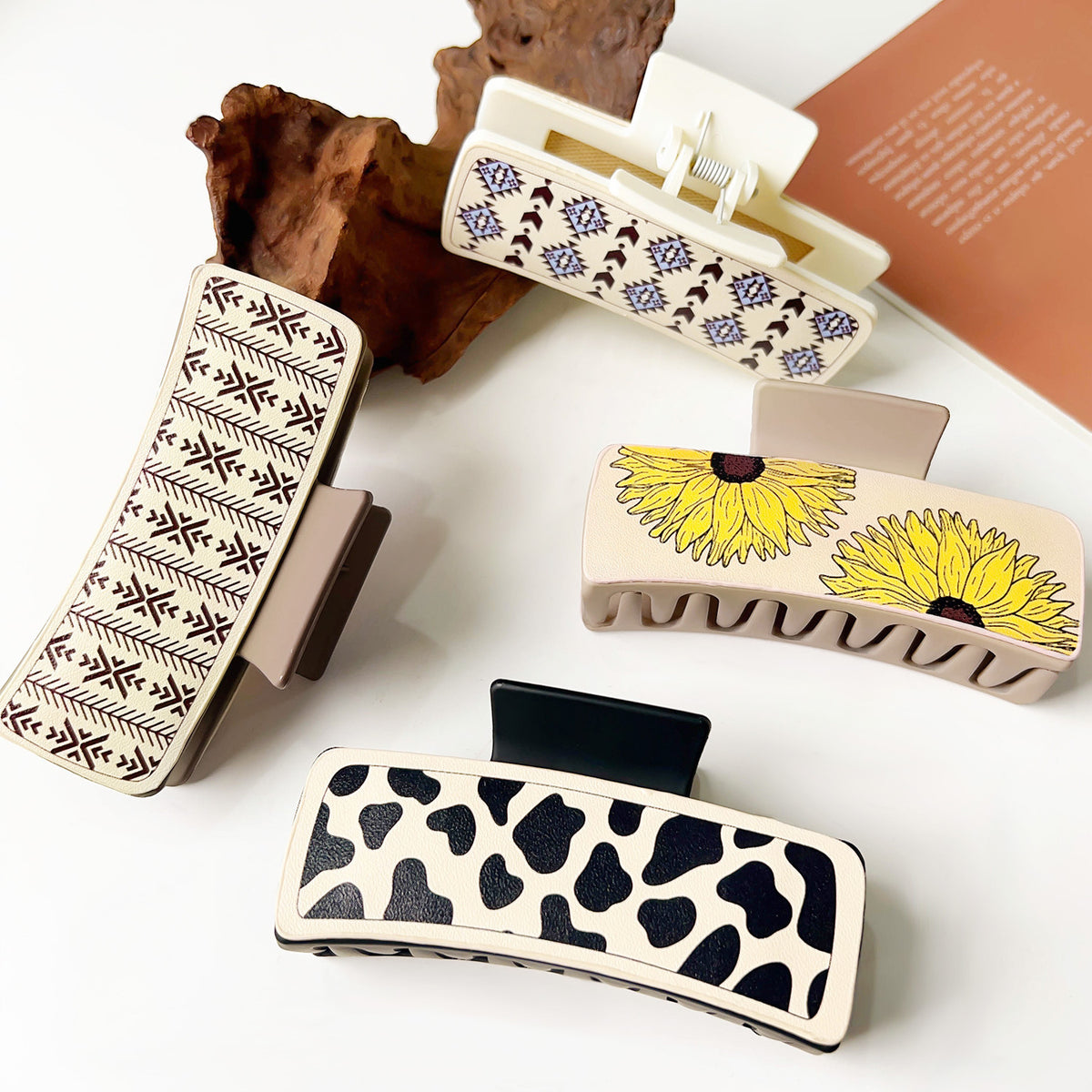 Western Denim Style Leather Hair Barrettes with Retro Printed Designs