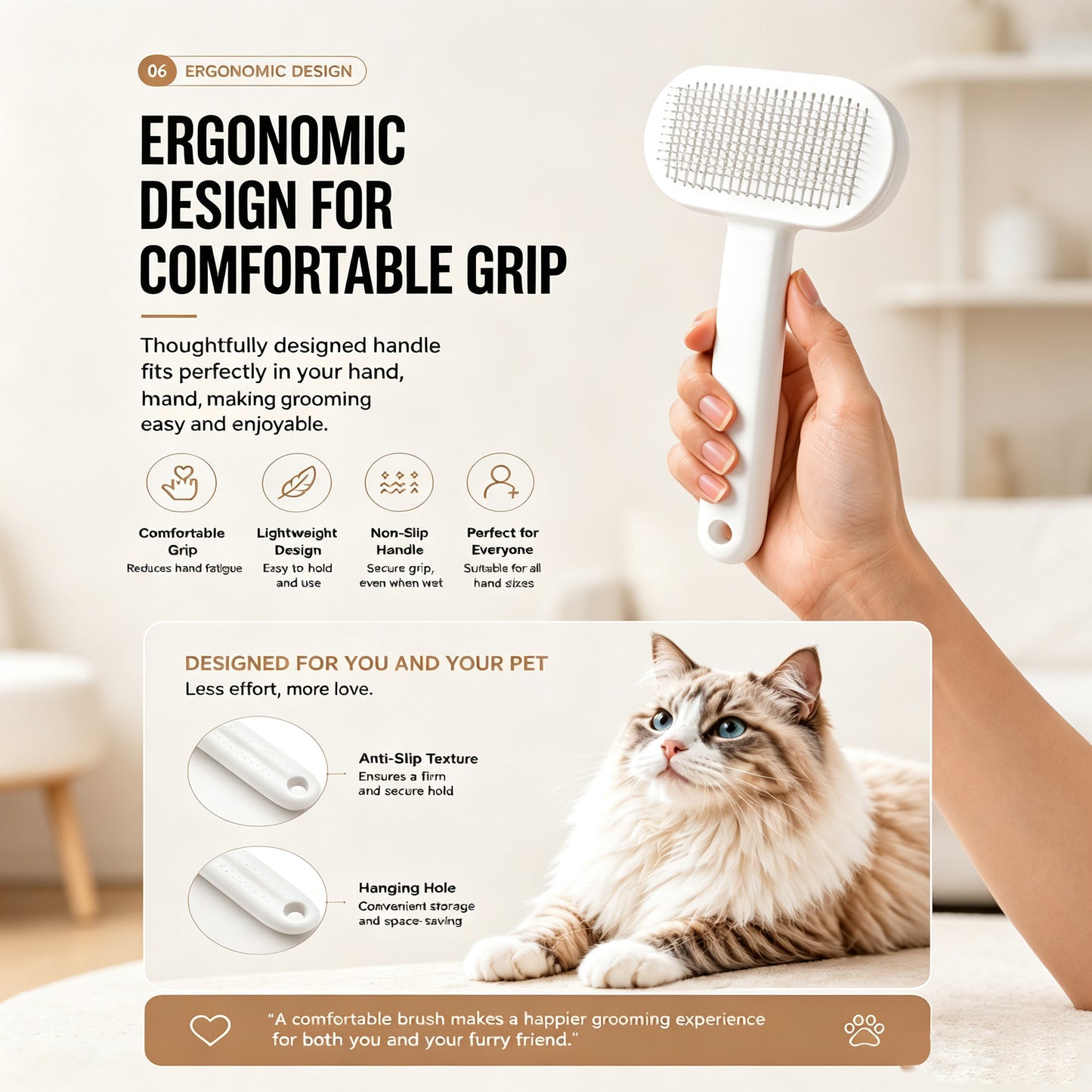 Pet Self-Cleaning Slicker Brush for Cats & Dogs - Gentle Deshedding Tool White