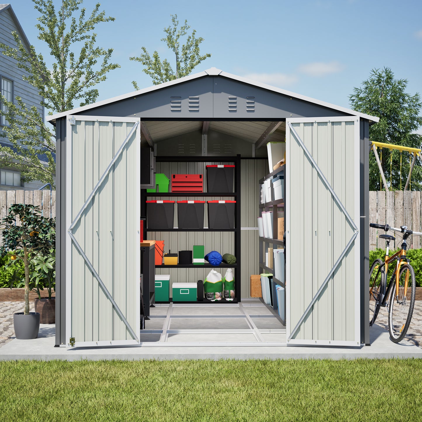8x12 FT Metal Storage Shed with Side Door - Grey Outdoor Tool Shed