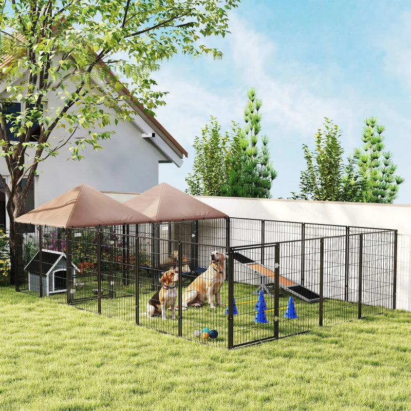 Large Outdoor Dog Kennel with 2 Rooms, Adjustable Bowls, Steel Frame, Coffee