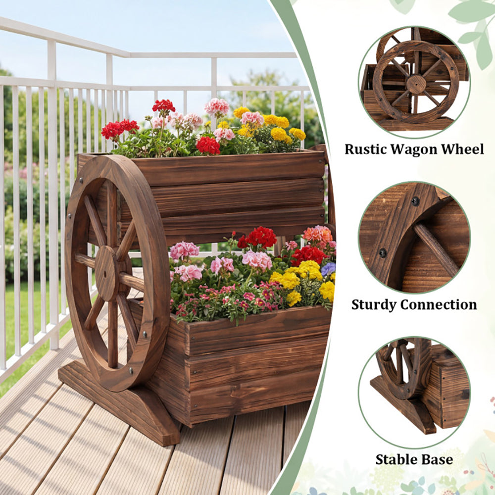 2-Tier Rustic Wood Garden Bed with Drainage & Wheels - Coffee