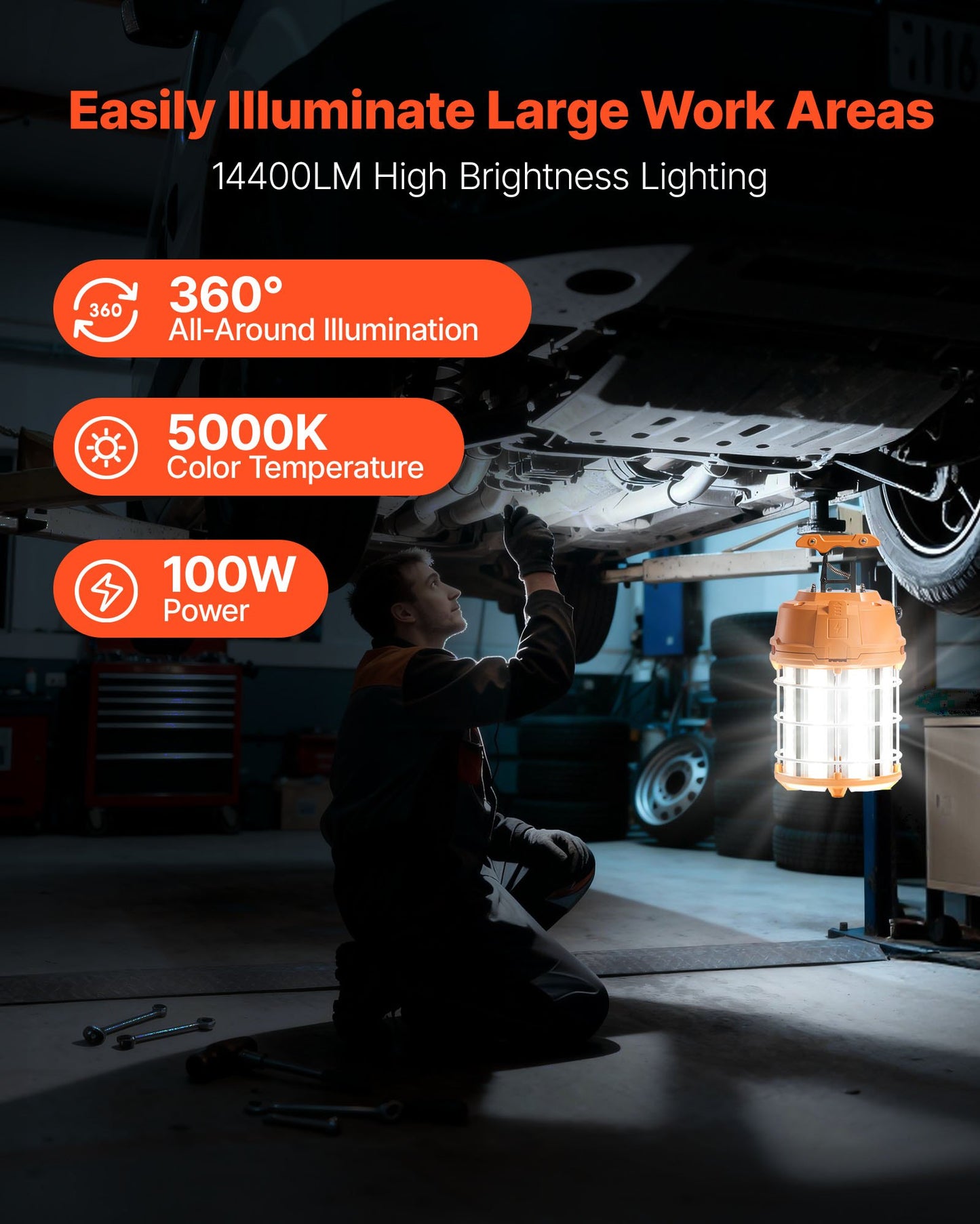 100W LED Work Light with 14400 Lumens, Water-Resistant, Linkable for Construction & Workshop