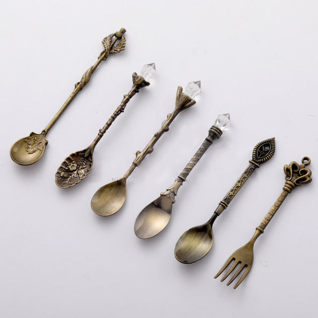 European Copper Fruit Fork Set - Retro Floral Dinnerware, 6 Pieces