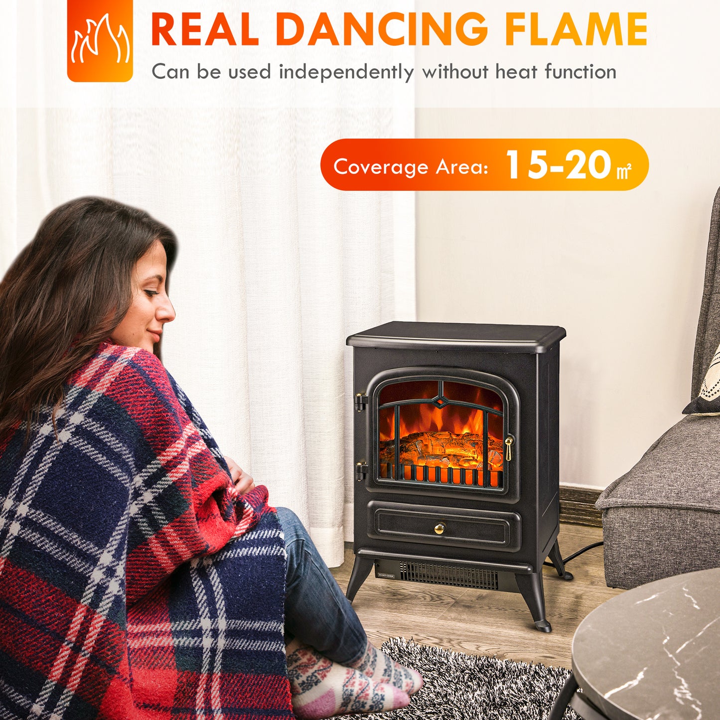 Electric Fireplace Heater with Realistic LED Flames 725W/1450W Black