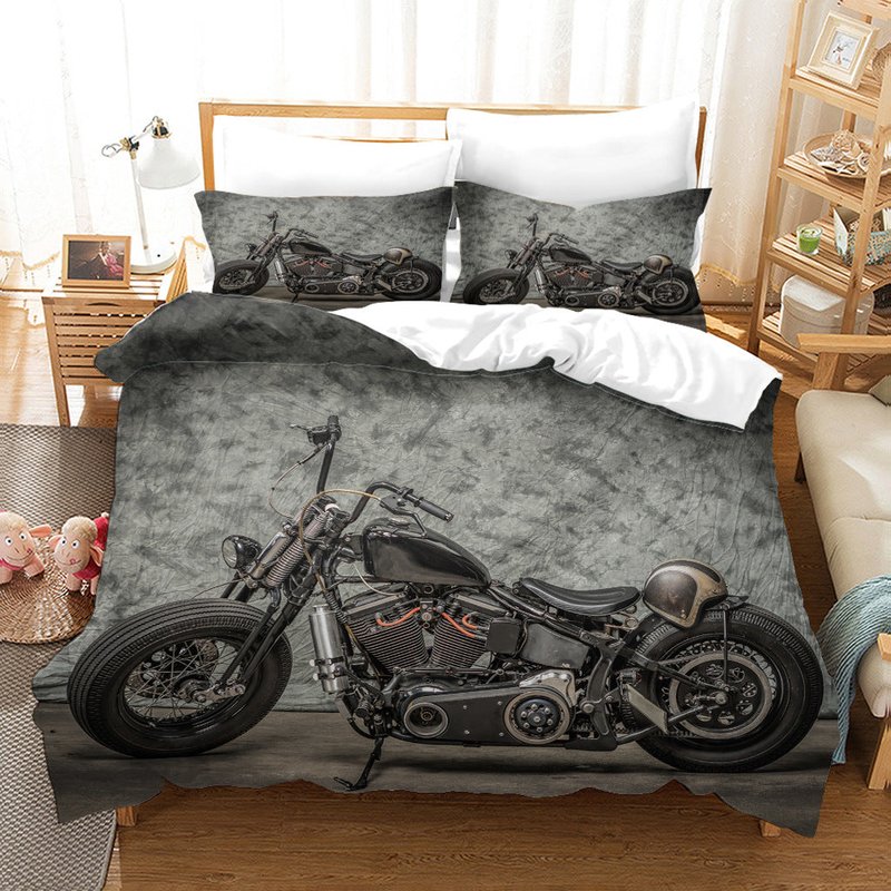 Dark Retro Motorcycle Quilt Cover Set - Bedding with Cartoon Pattern