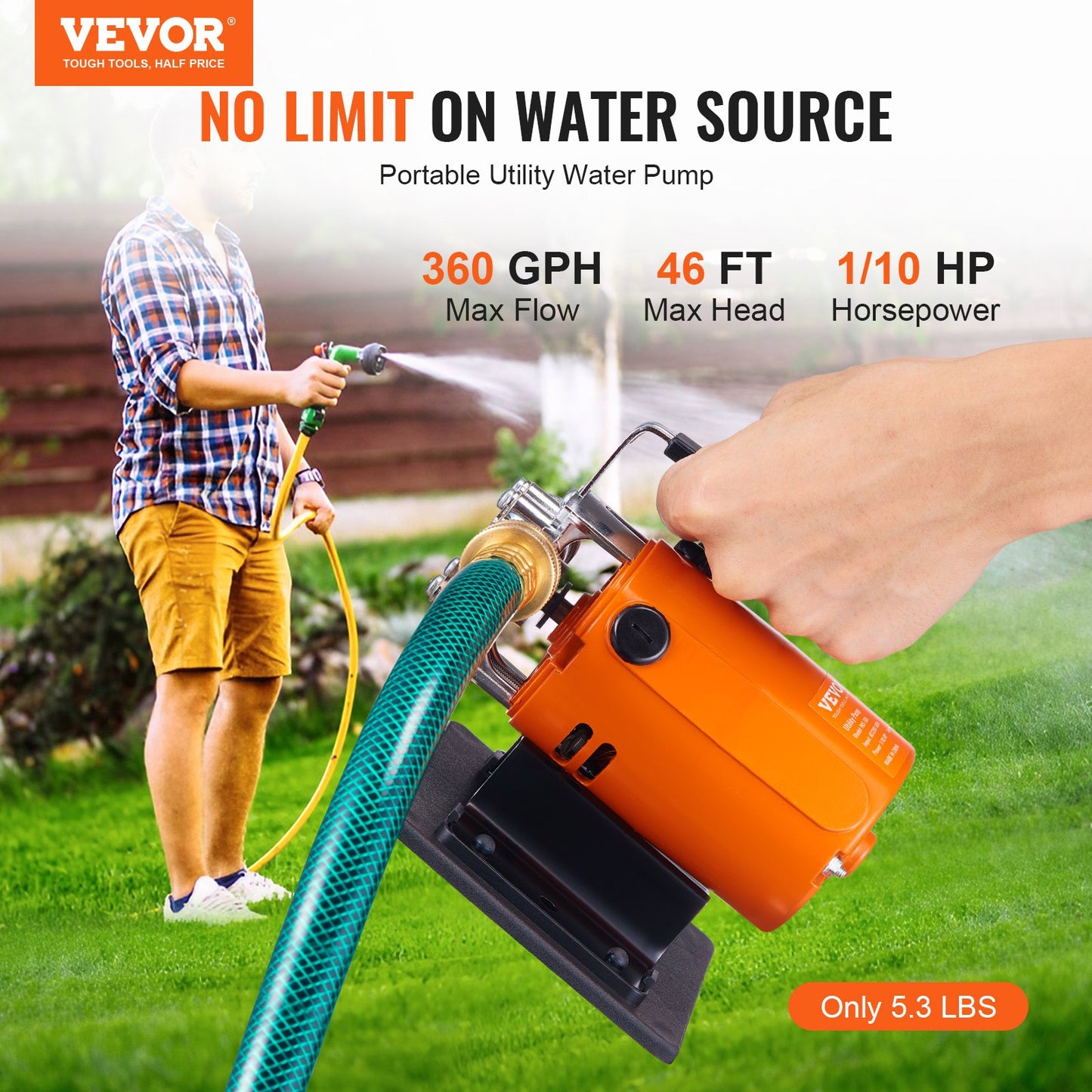 Portable 120V Water Transfer Pump 360 GPH for Garden, Pool, Pond - Orange