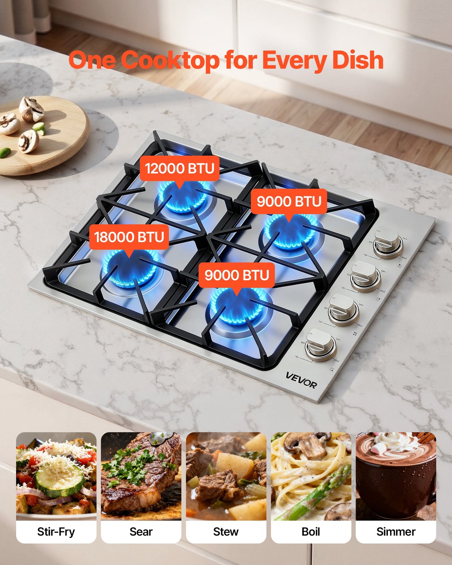 30 Inch Gas Cooktop with 4 Burners, 48,000 BTU, Stainless Steel, Dual Fuel Compatible