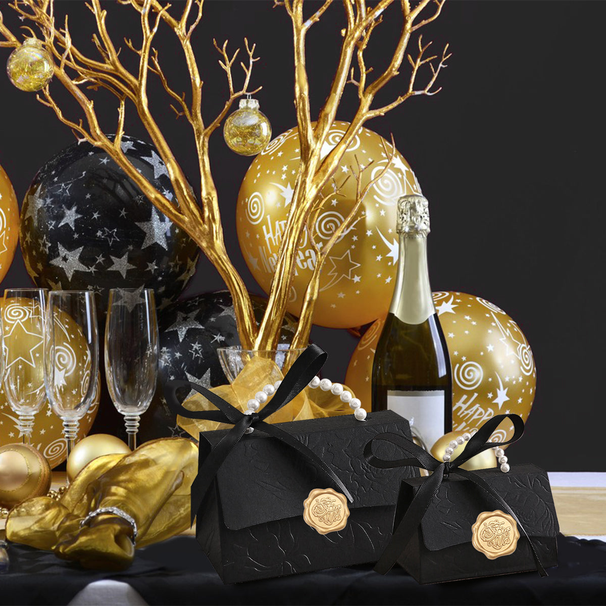 10 Black Gift Boxes with Golden Seal Stickers for Presents
