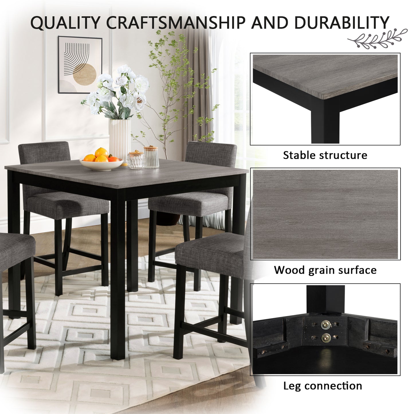 Counter Height Dining Table Set with 4 Chairs - Light Grey & Black