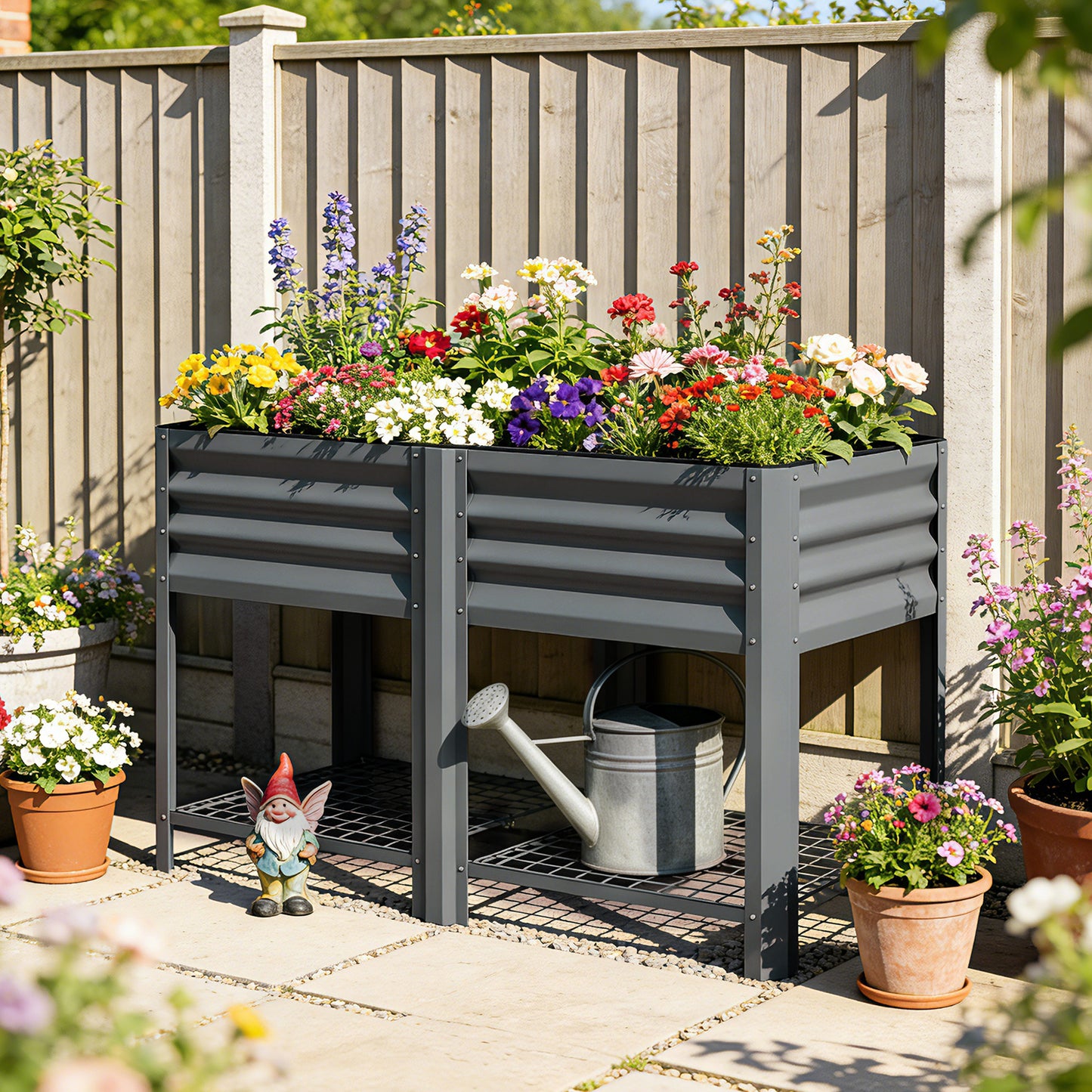 Galvanized Steel Raised Garden Bed with Storage Shelf - 31.5 Inch Dark Gray