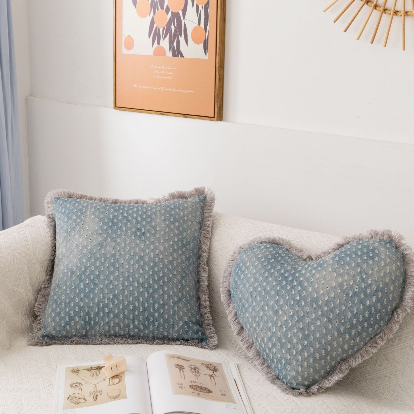 Denim Tassel Pillow Cover - Solid Color Home Decor Throw Pillow