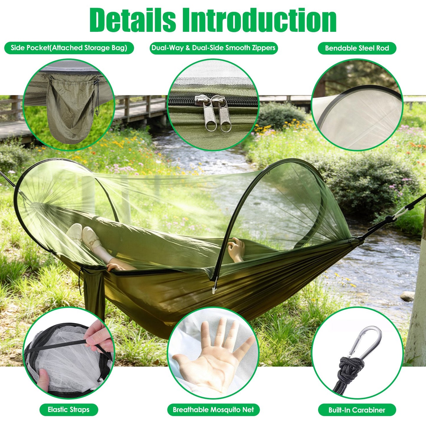 Portable Camping Hammock with Mosquito Net - 440lbs Capacity
