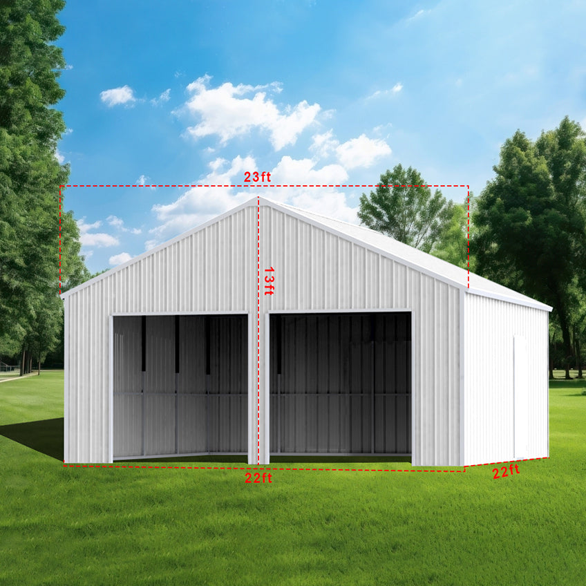 Double Garage Steel Barn Shed 22ft x 23ft Heavy Duty Metal Storage Building White