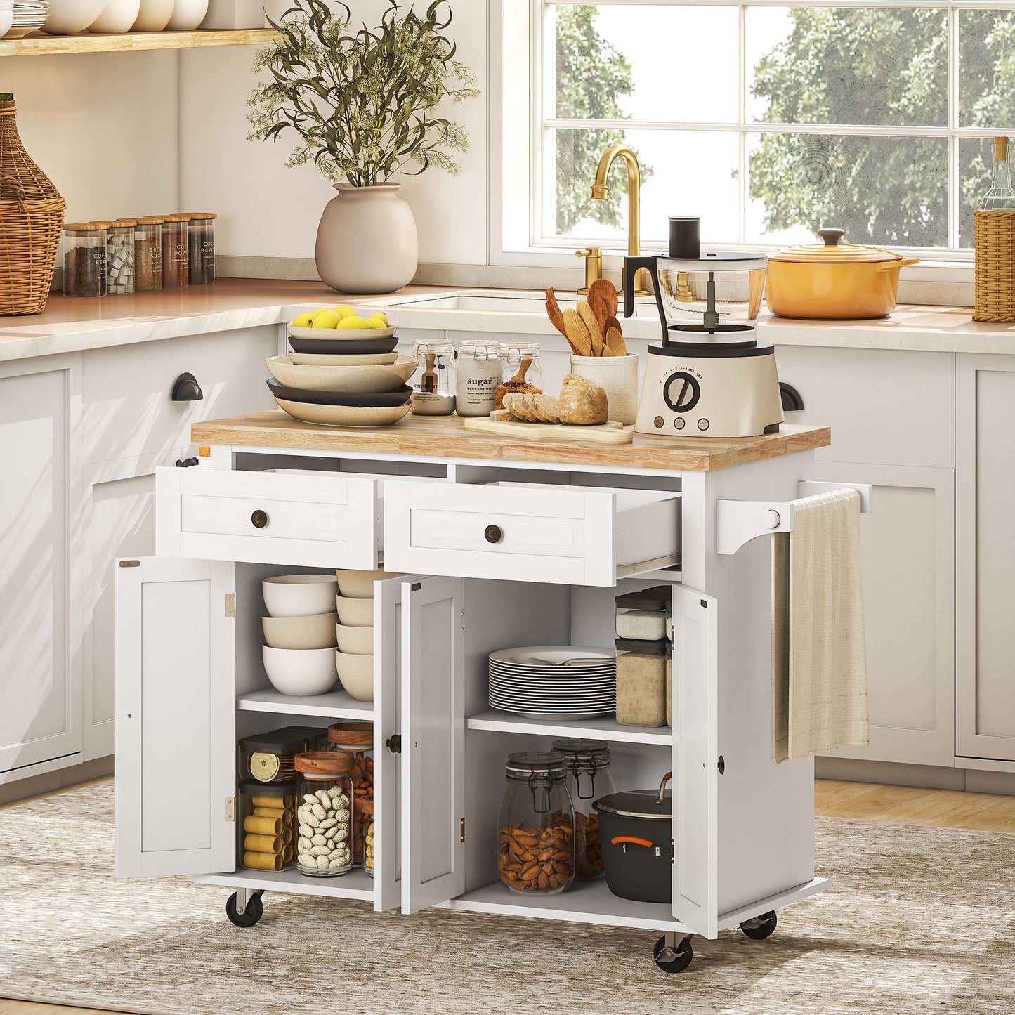 Mobile Kitchen Island Cart on Wheels with Storage - White