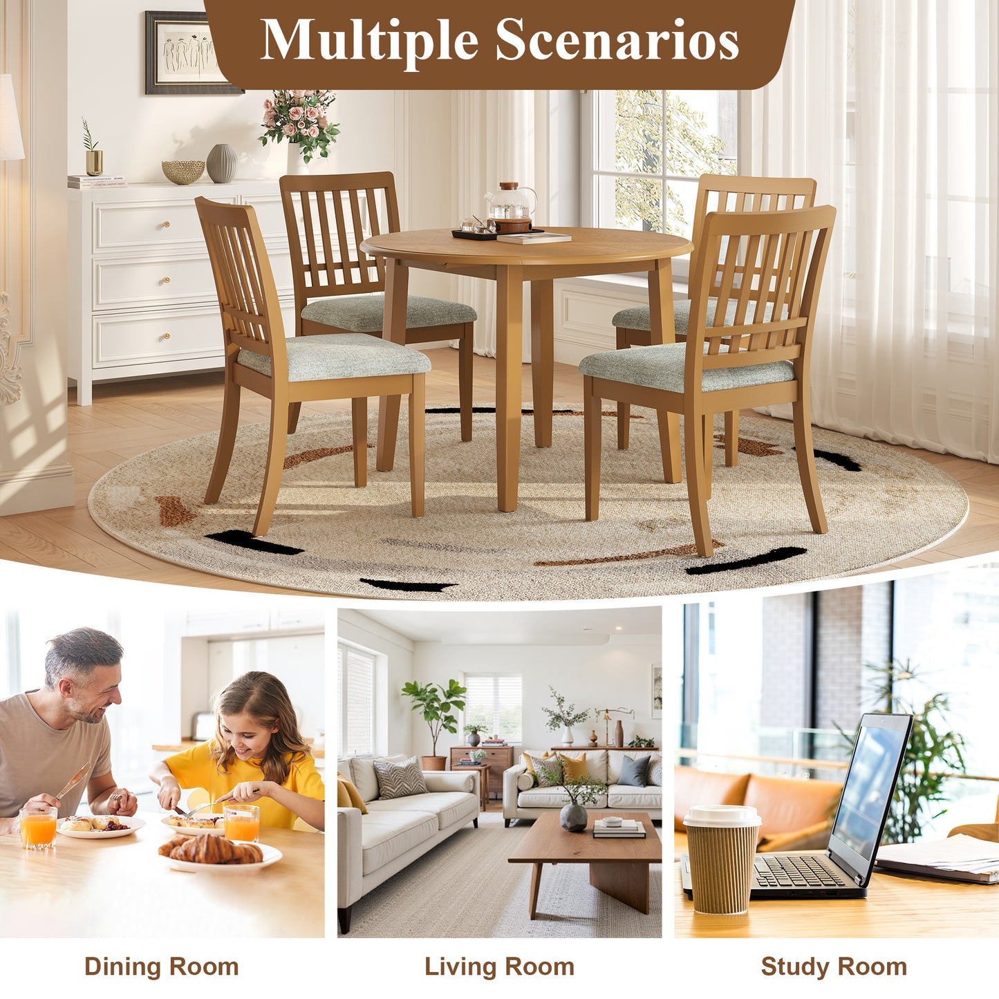 5-Piece Round Dining Table Set For 4 People, 1 Folding Wood