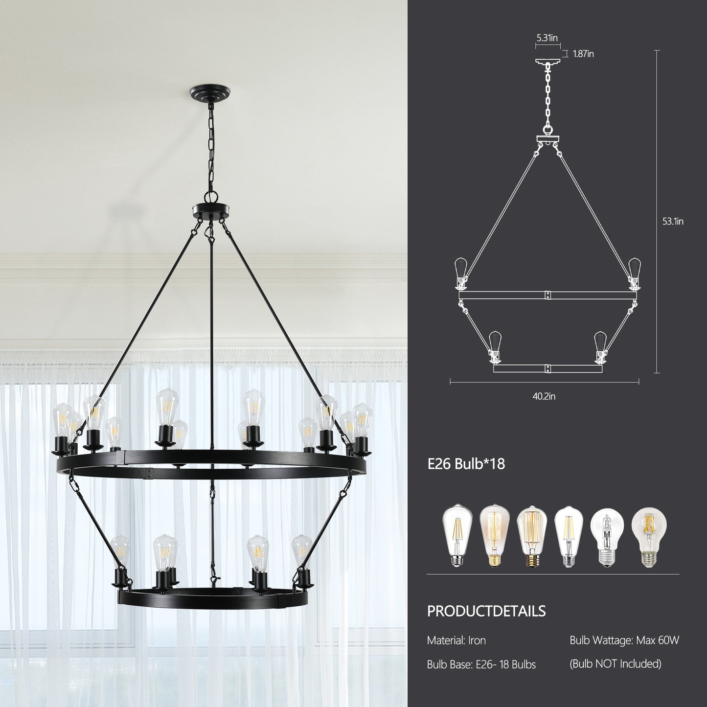 Large 2-Tier Circular Ironwork Chandelier - Retro Style